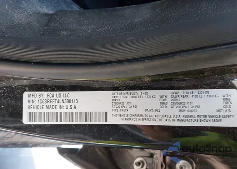 2020 Ram 1500 Big Horn 4X4 5'7 Box z USA, uszkodzony, nr VIN 1C6SRFFT4LN308113